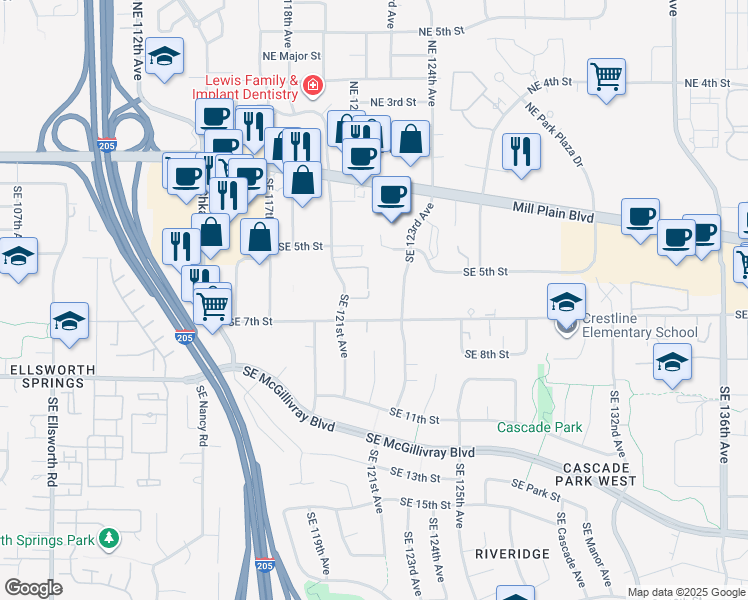 map of restaurants, bars, coffee shops, grocery stores, and more near 12204 Southeast 7th Street in Vancouver