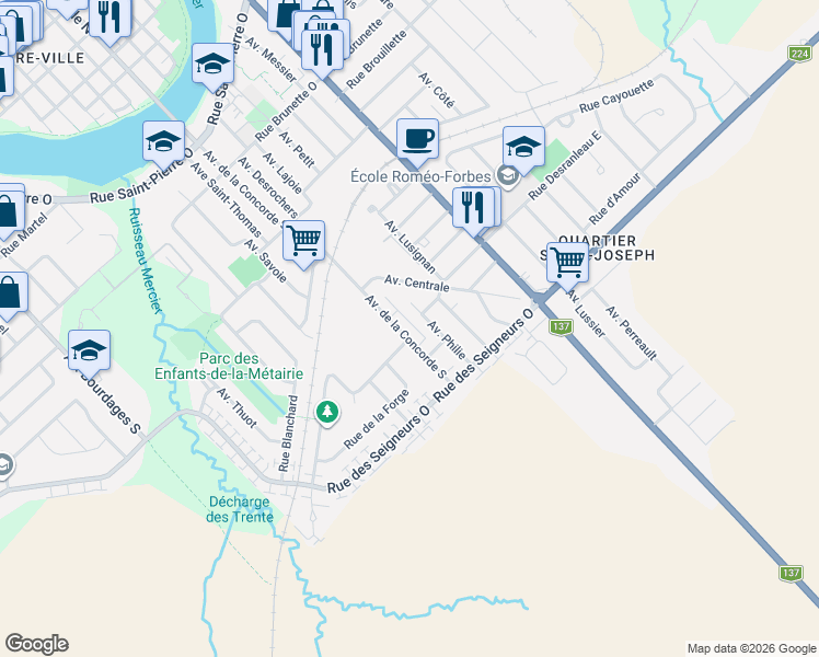 map of restaurants, bars, coffee shops, grocery stores, and more near 17332 Avenue de la Concorde Sud in Saint-Hyacinthe