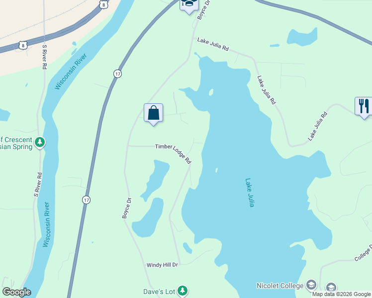 map of restaurants, bars, coffee shops, grocery stores, and more near 5610 Timber Lodge Road in Rhinelander