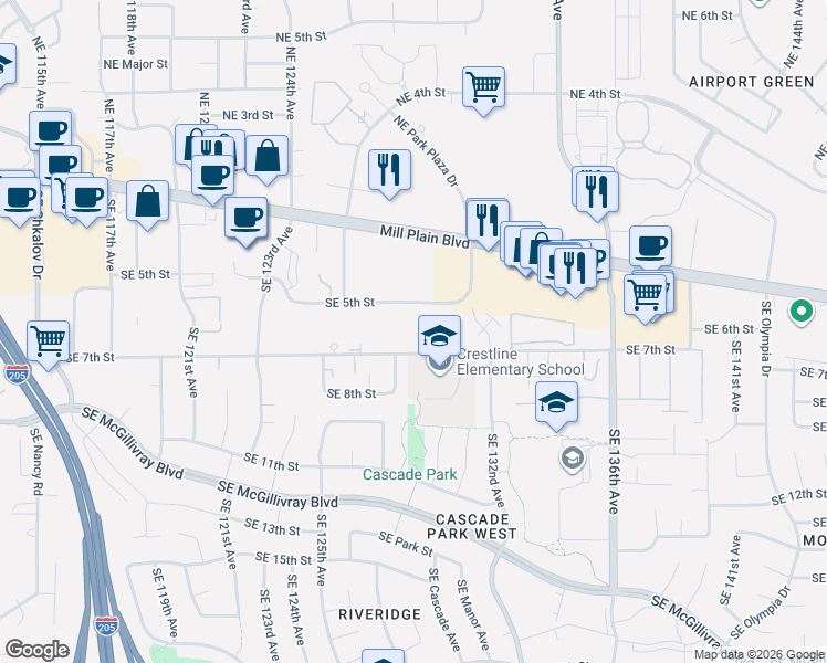 map of restaurants, bars, coffee shops, grocery stores, and more near 614 Southeast 130th Court in Vancouver