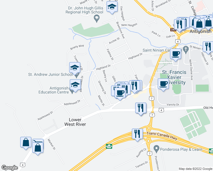 map of restaurants, bars, coffee shops, grocery stores, and more near 13 Bantry Lane in Antigonish