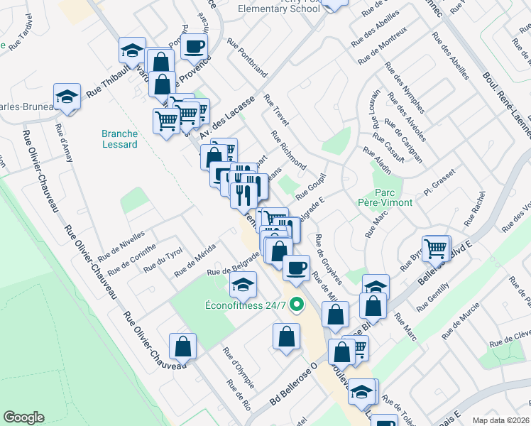 map of restaurants, bars, coffee shops, grocery stores, and more near 2310 Rue de Beaujolais in Laval