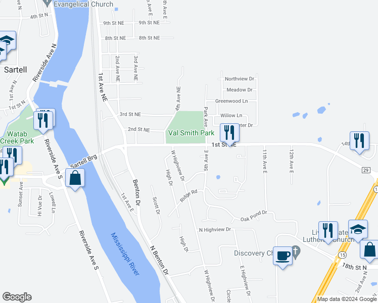map of restaurants, bars, coffee shops, grocery stores, and more near 412 1st Street Northeast in Sartell