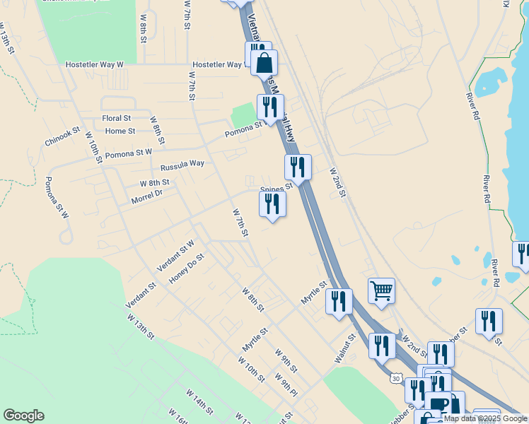 map of restaurants, bars, coffee shops, grocery stores, and more near 2640 West 6th Street in The Dalles