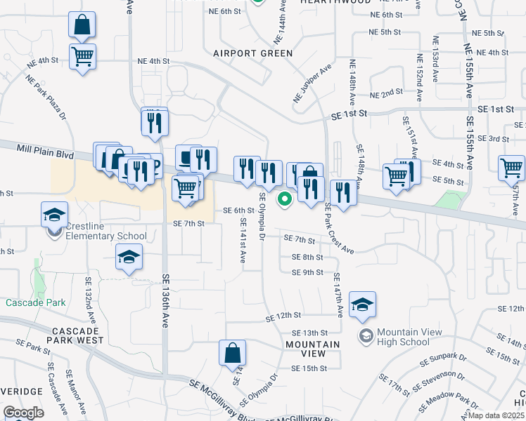 map of restaurants, bars, coffee shops, grocery stores, and more near Southeast Olympia Drive in Vancouver