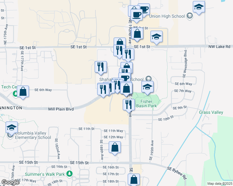 map of restaurants, bars, coffee shops, grocery stores, and more near 19171 Southeast Mill Plain Boulevard in Vancouver