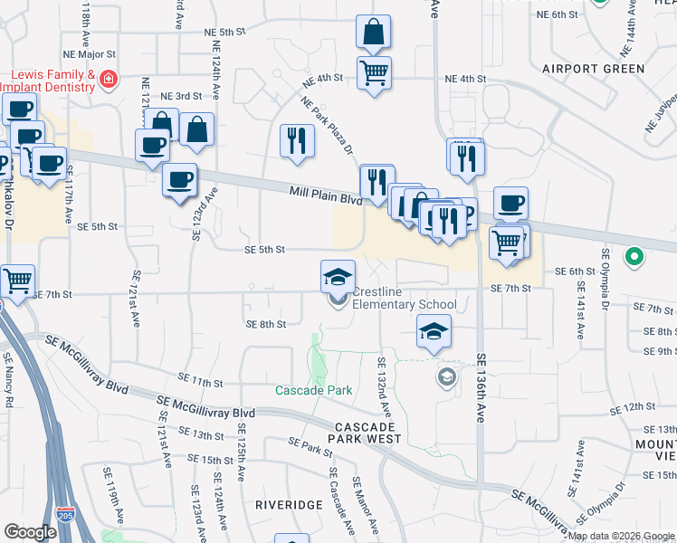 map of restaurants, bars, coffee shops, grocery stores, and more near 619 Southeast 130th Court in Vancouver