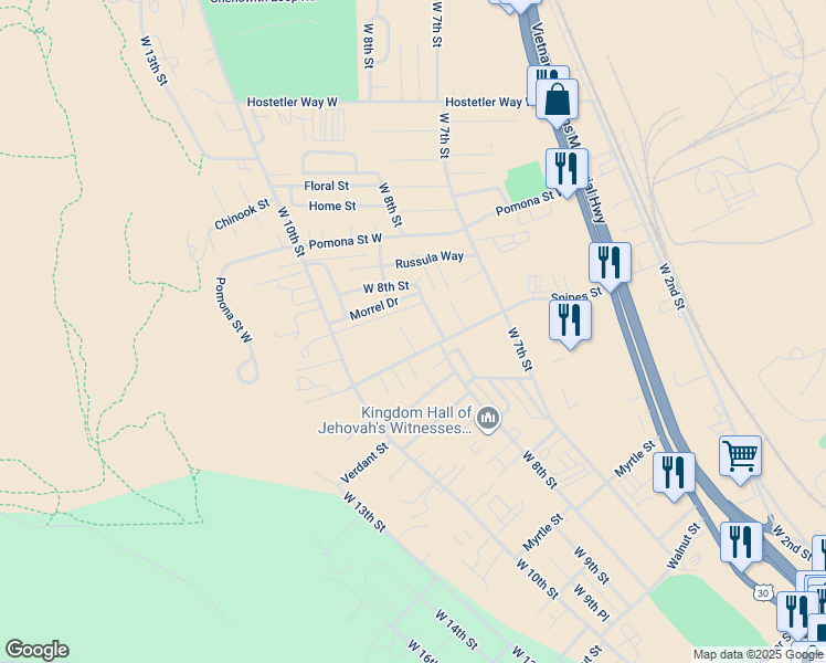 map of restaurants, bars, coffee shops, grocery stores, and more near 915 Snipes Street in The Dalles