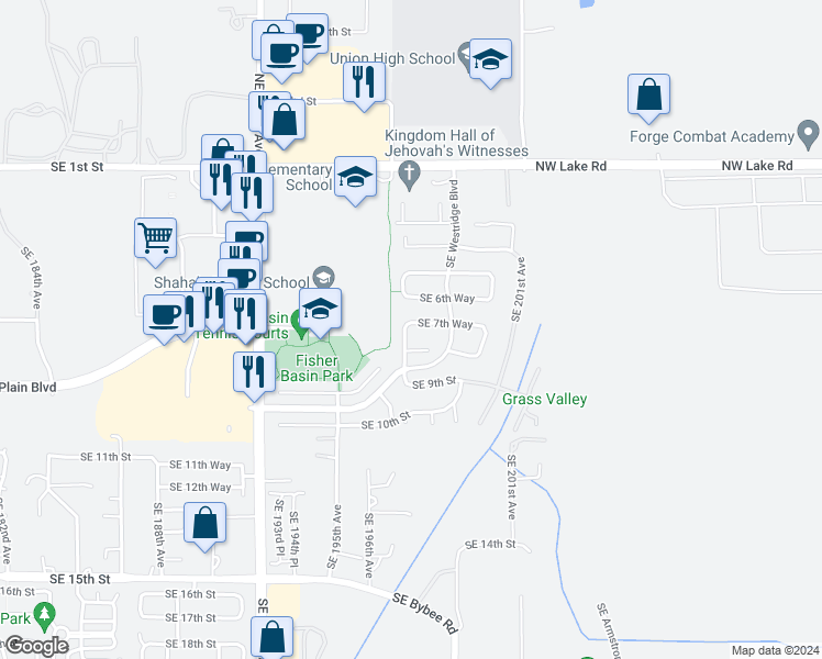 map of restaurants, bars, coffee shops, grocery stores, and more near 19705 Southeast 7th Way in Camas