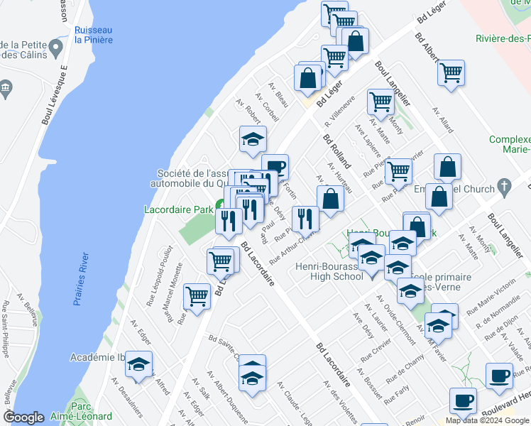 map of restaurants, bars, coffee shops, grocery stores, and more near 5872 Boulevard Léger in Montréal