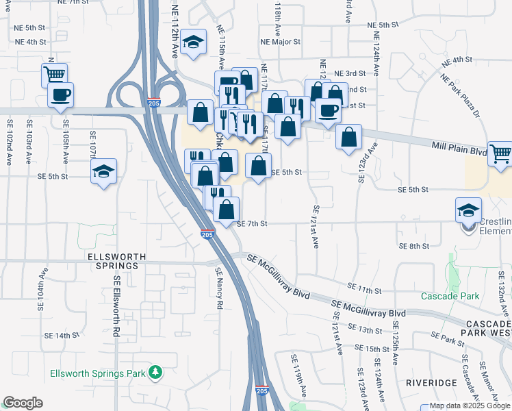 map of restaurants, bars, coffee shops, grocery stores, and more near 619 Southeast 116th Avenue in Vancouver