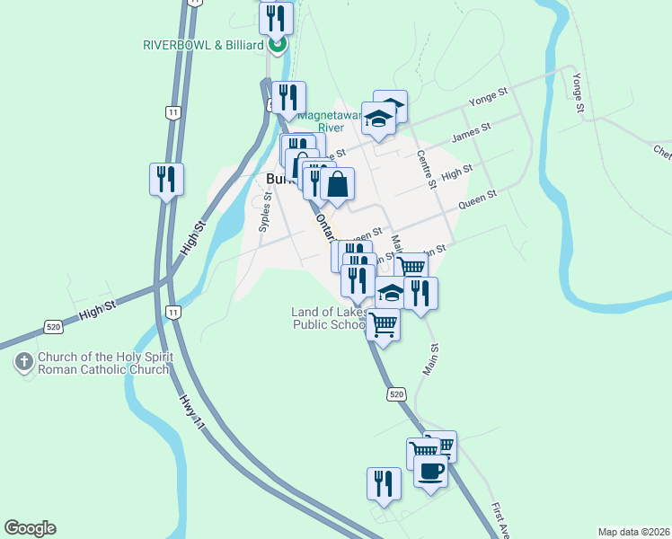 map of restaurants, bars, coffee shops, grocery stores, and more near 135 Ontario Street in Burk's Falls