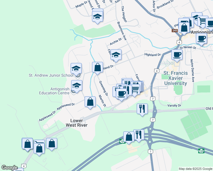 map of restaurants, bars, coffee shops, grocery stores, and more near 13 Bantry Lane in Antigonish