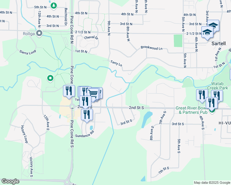 map of restaurants, bars, coffee shops, grocery stores, and more near 818 Sartell Lane in Sartell