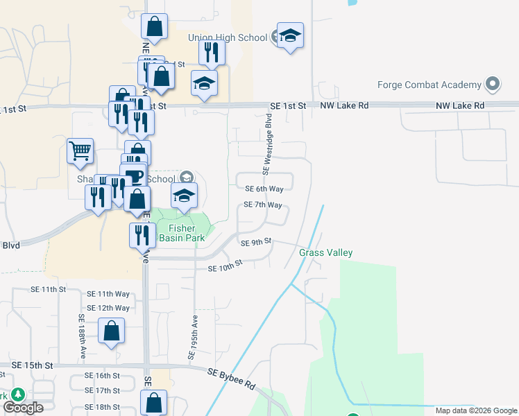 map of restaurants, bars, coffee shops, grocery stores, and more near 19810 Southeast 8th Circle in Camas