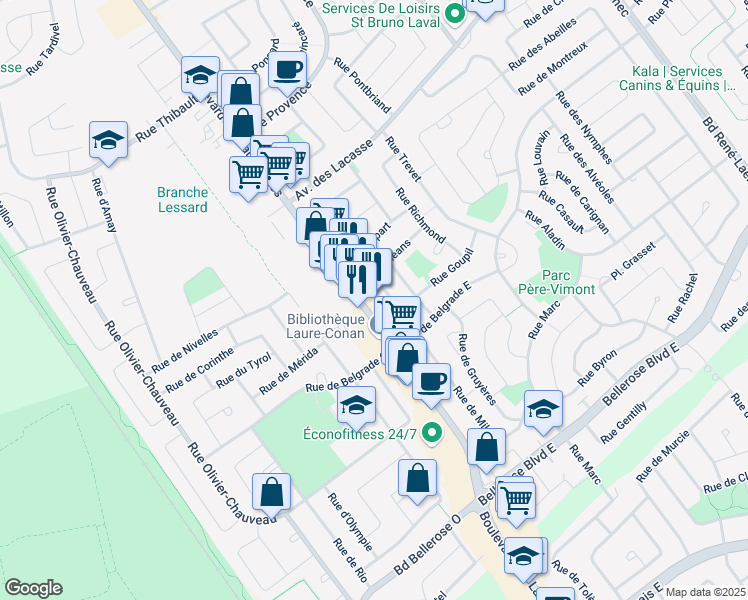 map of restaurants, bars, coffee shops, grocery stores, and more near 4721 Boulevard des Laurentides in Laval