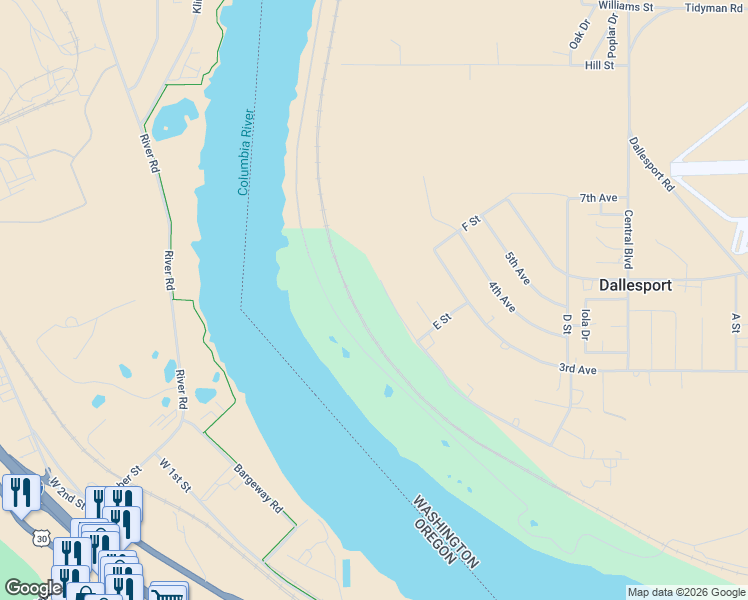 map of restaurants, bars, coffee shops, grocery stores, and more near 634 Sunridge Avenue in Dallesport