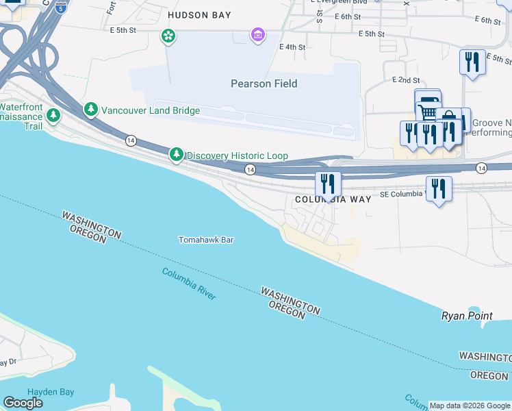 map of restaurants, bars, coffee shops, grocery stores, and more near 1447 Southeast Columbia Way in Vancouver