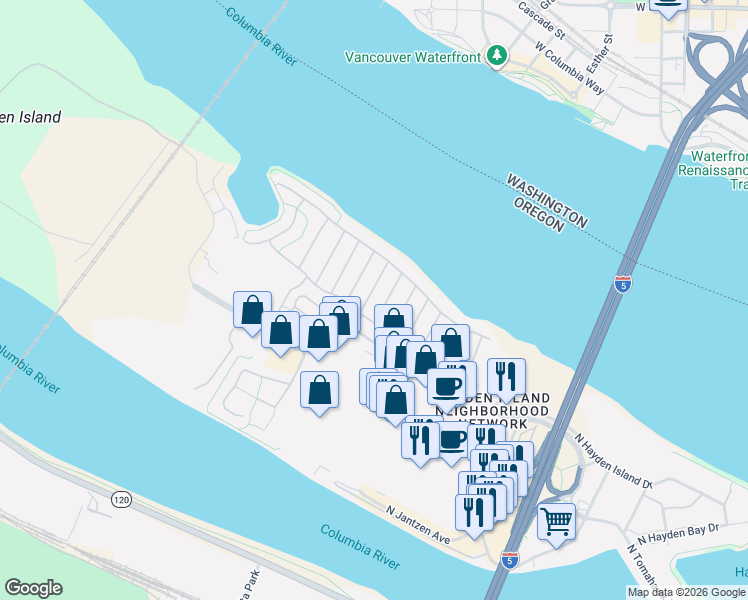 map of restaurants, bars, coffee shops, grocery stores, and more near 1503 North Hayden Island Drive in Portland
