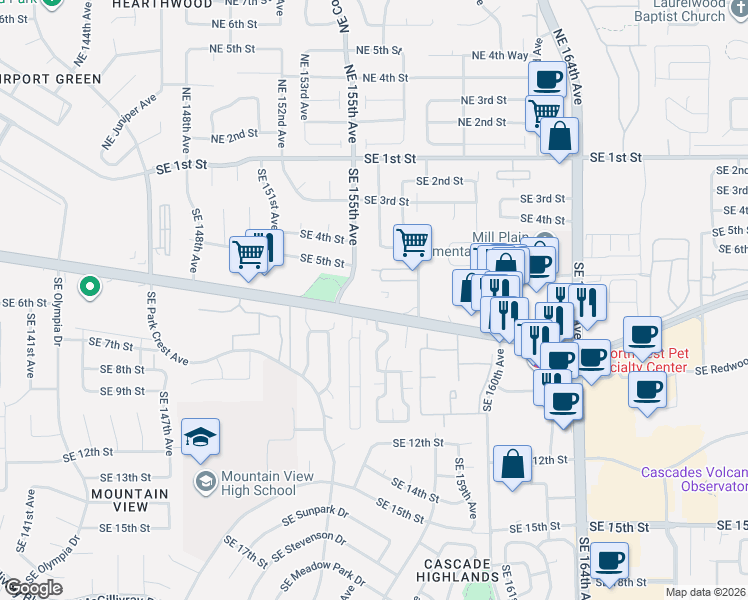 map of restaurants, bars, coffee shops, grocery stores, and more near 15520 Southeast Mill Plain Boulevard in Vancouver