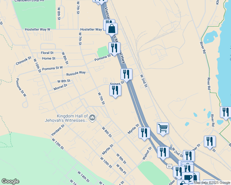 map of restaurants, bars, coffee shops, grocery stores, and more near 2640 West 6th Street in The Dalles