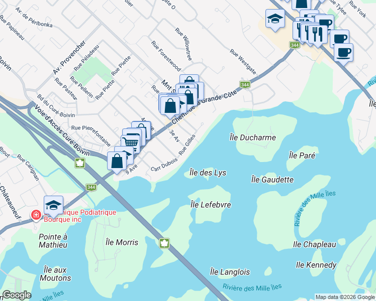map of restaurants, bars, coffee shops, grocery stores, and more near 20 Rue Gilles in Boisbriand