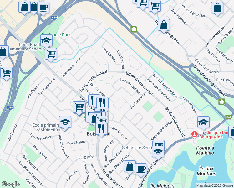 map of restaurants, bars, coffee shops, grocery stores, and more near 845 Avenue Cournoyer in Boisbriand