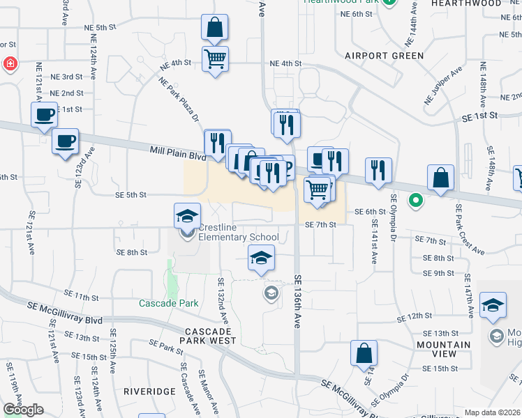 map of restaurants, bars, coffee shops, grocery stores, and more near 13210 Southeast 7th Street in Vancouver