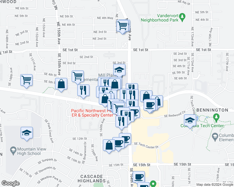 map of restaurants, bars, coffee shops, grocery stores, and more near 16200 Southeast Mill Plain Boulevard in Vancouver