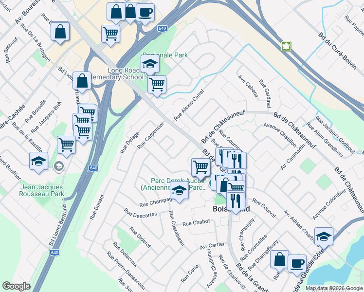 map of restaurants, bars, coffee shops, grocery stores, and more near 1427 Rue Cousteau in Boisbriand