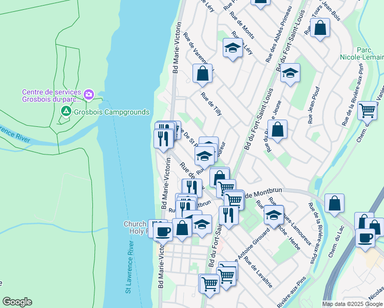 map of restaurants, bars, coffee shops, grocery stores, and more near 36 Rue de Niverville in Boucherville