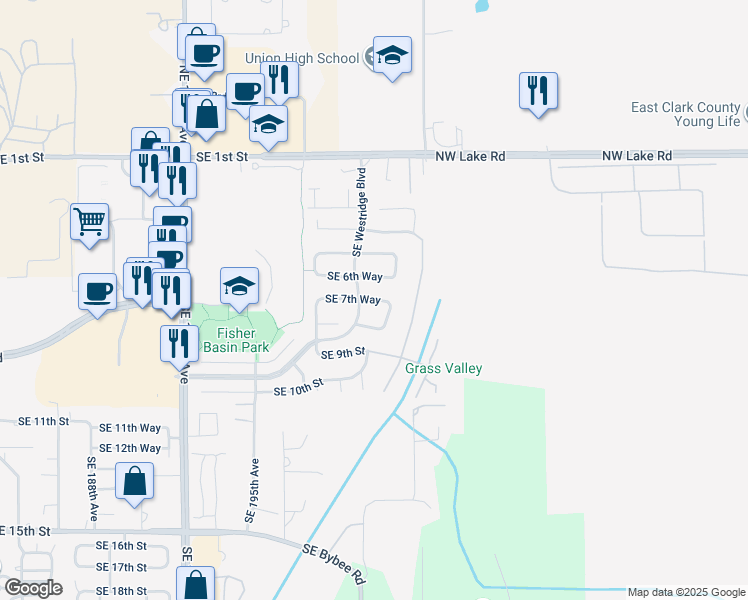 map of restaurants, bars, coffee shops, grocery stores, and more near 718 Southeast 200th Place in Camas