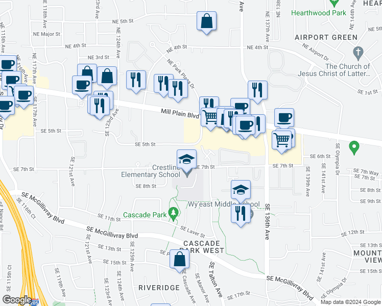 map of restaurants, bars, coffee shops, grocery stores, and more near 619 Southeast 130th Court in Vancouver