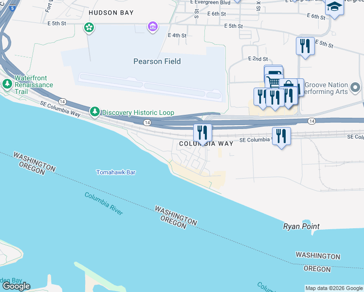map of restaurants, bars, coffee shops, grocery stores, and more near 1702 Southeast Halyard Lane in Vancouver