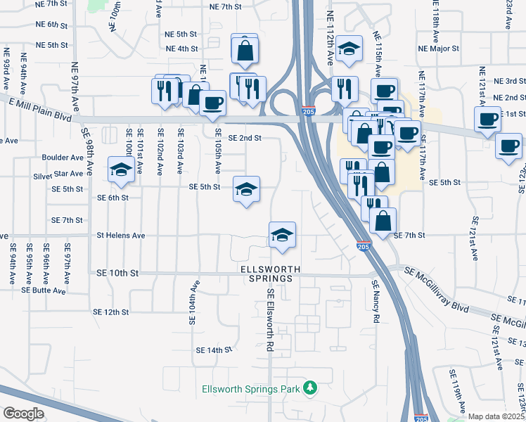 map of restaurants, bars, coffee shops, grocery stores, and more near 512 Southeast Ellsworth Road in Vancouver