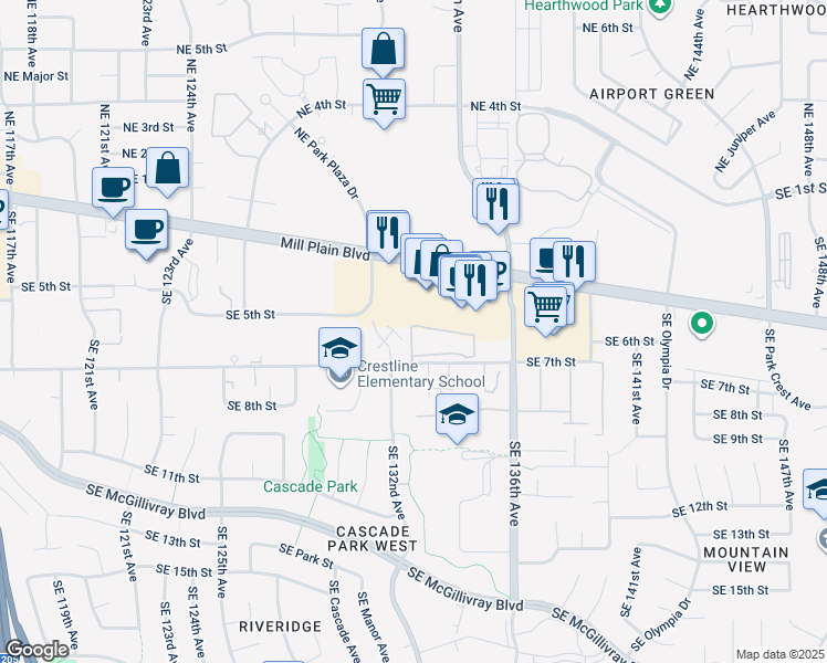 map of restaurants, bars, coffee shops, grocery stores, and more near 627 Southeast 132nd Avenue in Vancouver