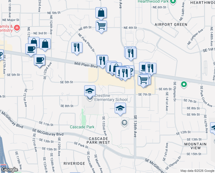 map of restaurants, bars, coffee shops, grocery stores, and more near 627 Southeast 132nd Avenue in Vancouver