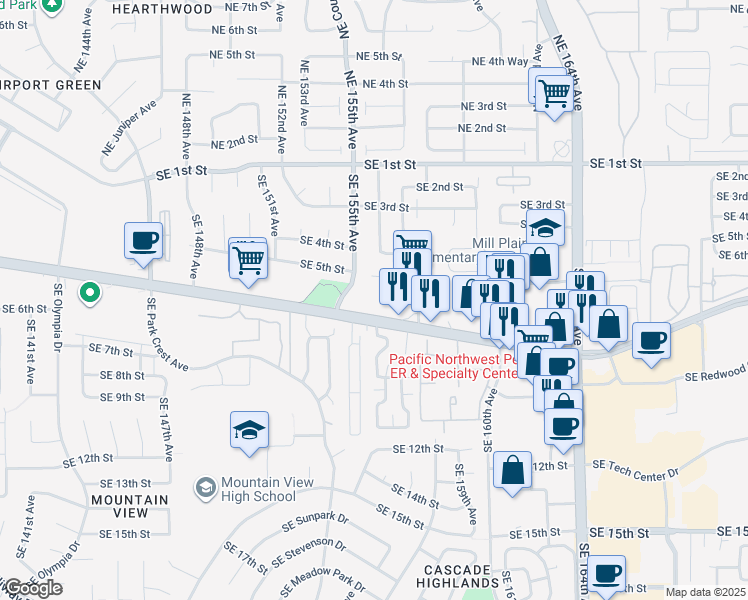 map of restaurants, bars, coffee shops, grocery stores, and more near 15600 Southeast Mill Plain Boulevard in Vancouver