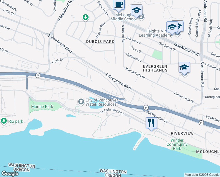 map of restaurants, bars, coffee shops, grocery stores, and more near 5575 East Evergreen Boulevard in Vancouver