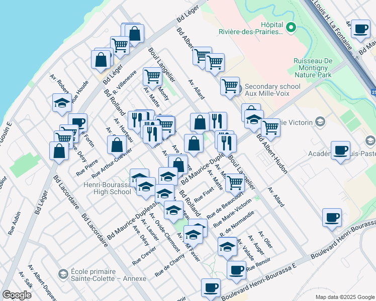 map of restaurants, bars, coffee shops, grocery stores, and more near in Montreal