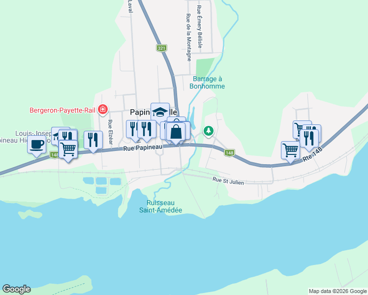 map of restaurants, bars, coffee shops, grocery stores, and more near 251 Rue Papineau in Papineauville