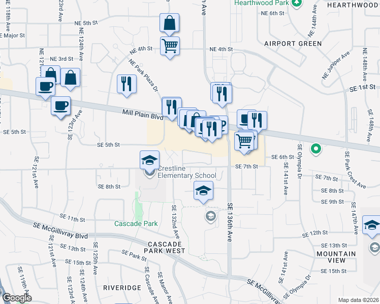 map of restaurants, bars, coffee shops, grocery stores, and more near 13210 Southeast 7th Street in Vancouver
