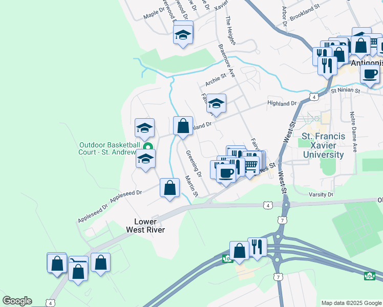 map of restaurants, bars, coffee shops, grocery stores, and more near 11 Greening Drive in Antigonish