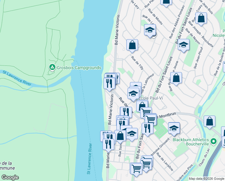 map of restaurants, bars, coffee shops, grocery stores, and more near 643 Boulevard Marie-Victorin in Boucherville