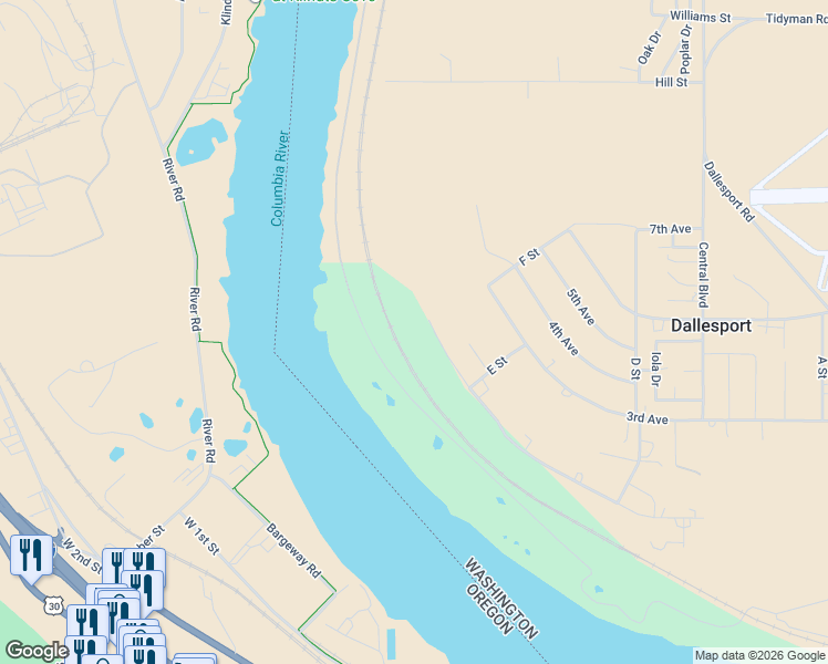 map of restaurants, bars, coffee shops, grocery stores, and more near 634 Sunridge Avenue in Dallesport