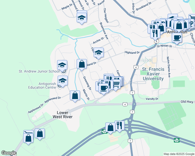 map of restaurants, bars, coffee shops, grocery stores, and more near 28 Gillis Way in Antigonish