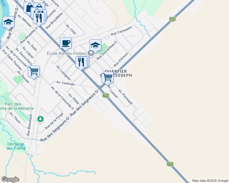 map of restaurants, bars, coffee shops, grocery stores, and more near 17840 Avenue Lussier in Saint-Hyacinthe