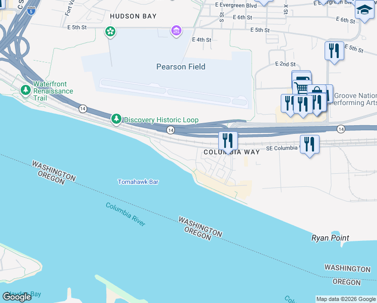 map of restaurants, bars, coffee shops, grocery stores, and more near 1469 Southeast Columbia Way in Vancouver