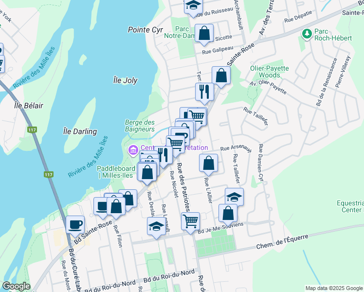 map of restaurants, bars, coffee shops, grocery stores, and more near 1000 Rue des Patriotes in Laval