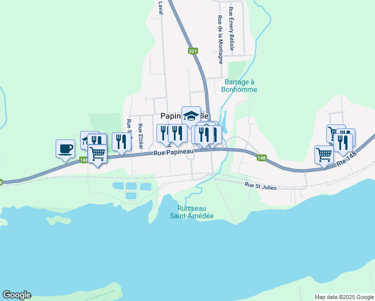 map of restaurants, bars, coffee shops, grocery stores, and more near Québec 148 in Papineauville